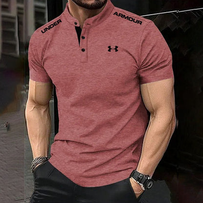 Men's Cotton Stand Collar Elastic Fit Sports Casual Short Sleeve Polo Shirt