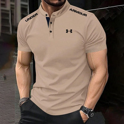 Men's Cotton Stand Collar Elastic Fit Sports Casual Short Sleeve Polo Shirt